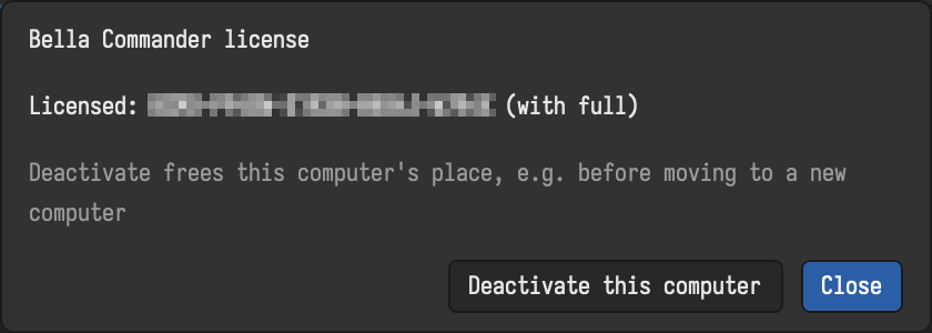 The license dialog with an activated license