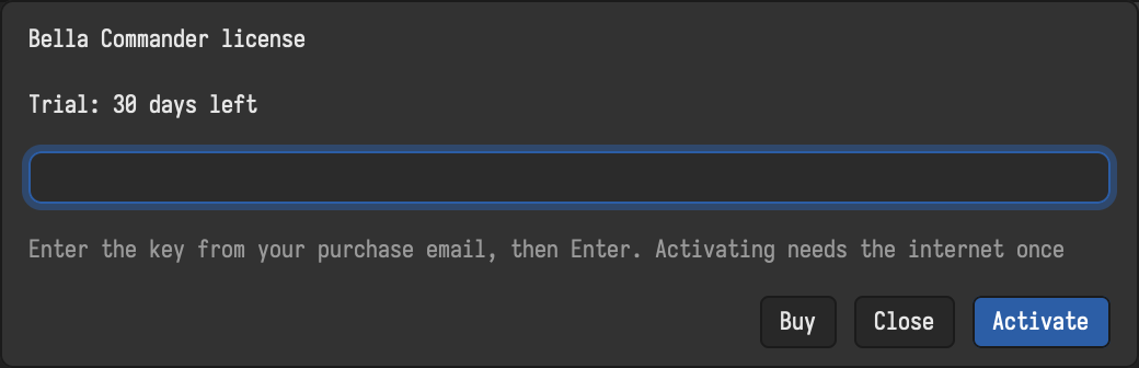 The license dialog during the trial