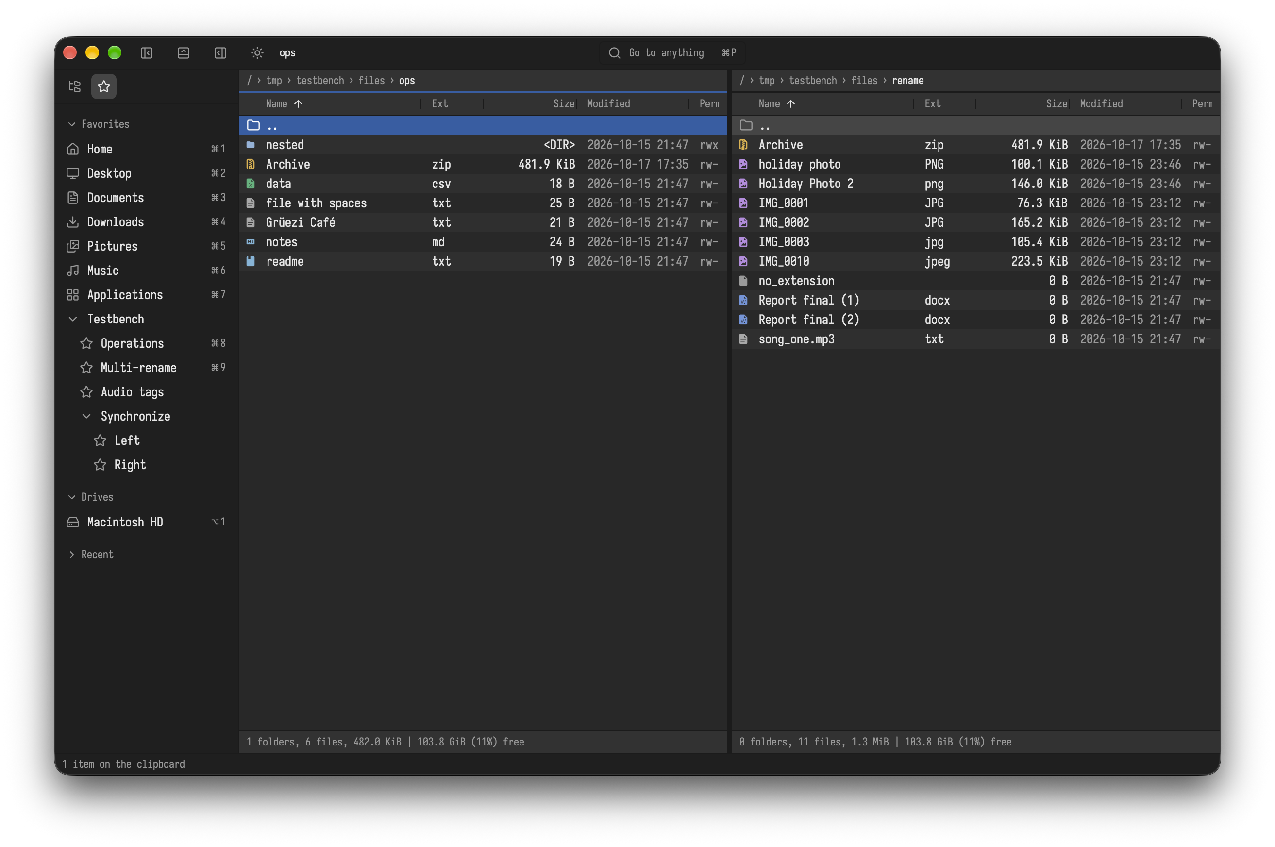 The main window: sidebar, two panes, status lines