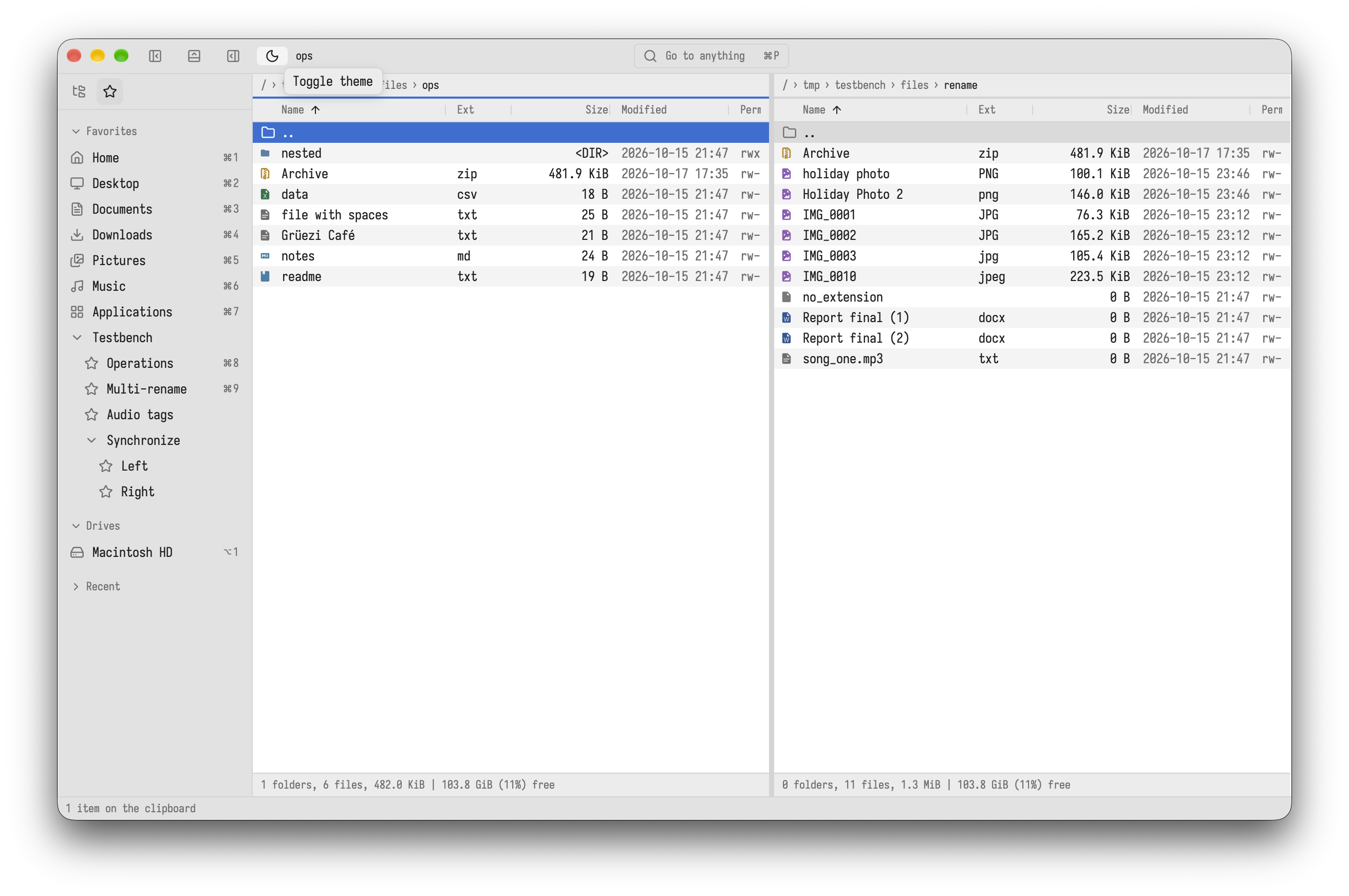 The main window: sidebar, two panes, status lines
