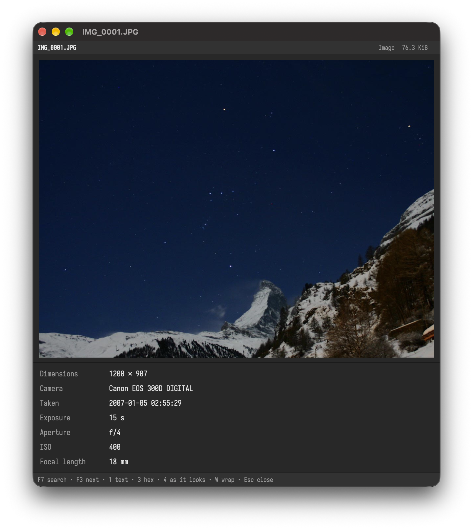 The viewer showing a photo with its photo data