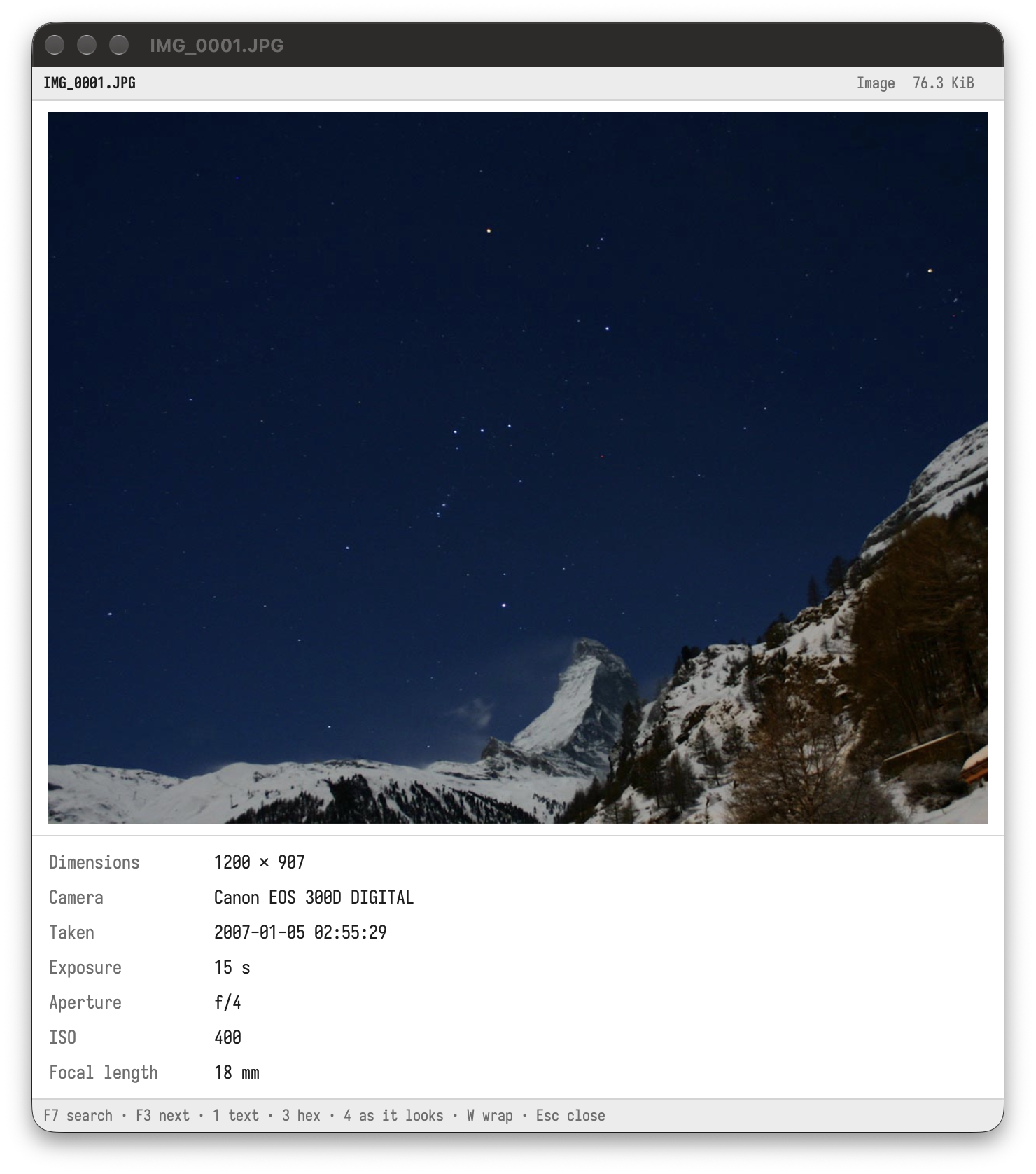 The viewer showing a photo with its photo data